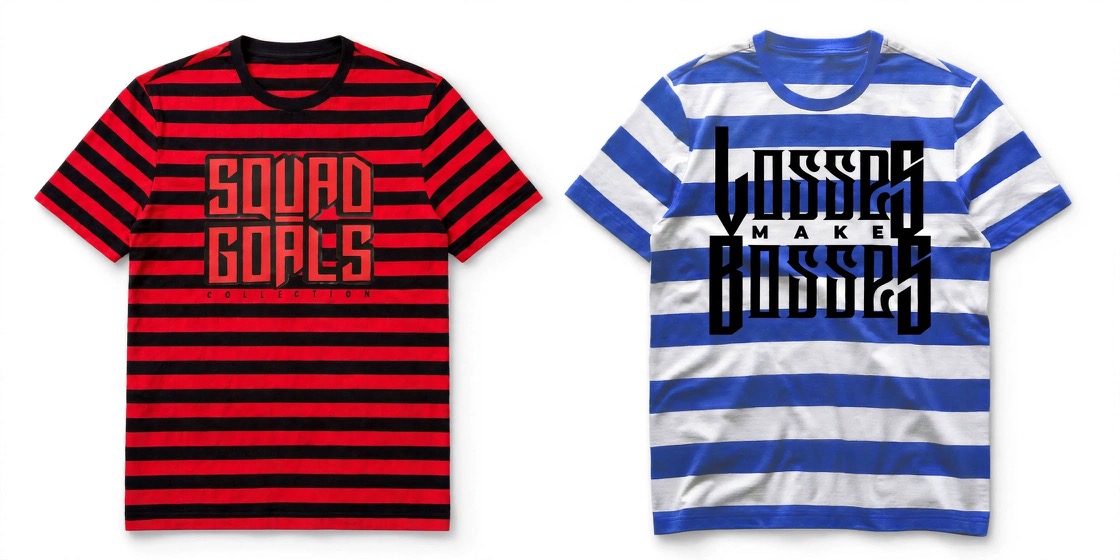 Red and black Squad Goals Collection shirt beside a blue and white Losses Make Bosses shirt